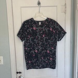 Black and Pink Ribbon Print scrub top for breast cancer awareness.